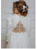 Long Sleeves Beaded Ivory Lace Satin Chic Flower Girl Dress